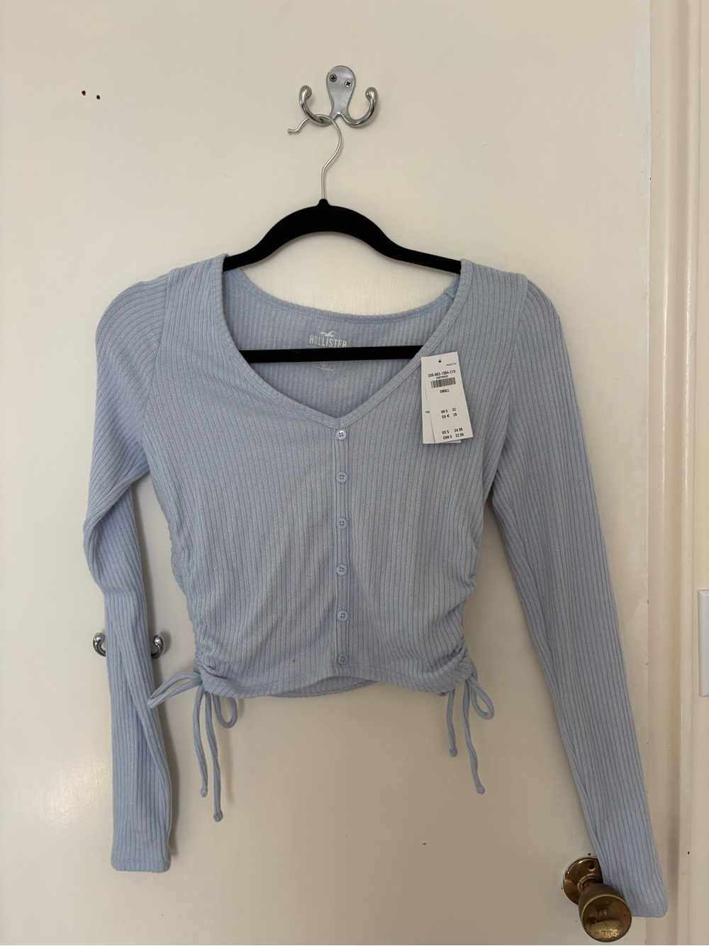 Hollister Light Blue Ribbed Button-Front Drawstring Long Sleeve Top